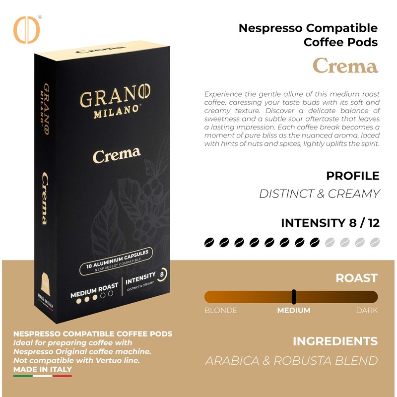 Grano MIlano Crema - 50 Aluminium Coffee Pods Compatible with