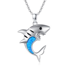 TUGHRA 925 Sterling Silver Shark Necklace, Shark Jewelry Opal Pendant Necklaces Blue Opal Ocean Necklace Cute Ocean Animal Gift for Women Men