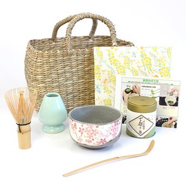 Honjien Green Tea Set, Mino Ware, Cherry Blossom Rice Bowl with Basket Bag, Matcha Tea Utensils, Set of 8, Z / Ho/ Gift, Present
