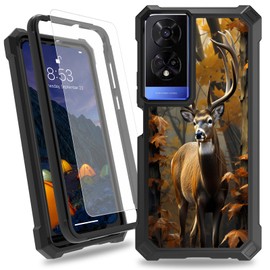 CAPAUNVDA for TCL 50 XE Case,Heavy Duty Dual Layer Slim Shockproof Black Cover with Tempered Glass Screen Protector for Women Man，Camouflage Forest Deer