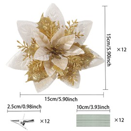 Qunkun Pack of 12 Christmas Glitter Poinsettia Artificial Flowers, Christmas Star Decoration Flowers, Christmas Flowers, Christmas Tree Decorations, Christmas Flowers with 12 Stems and Clips