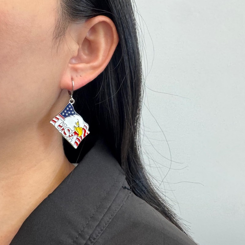 Bald Eagle with American Flag USA Patriotic Earrings for July