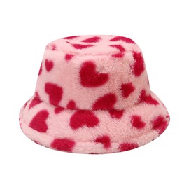 JIHUOO Red Heart Bucket Hat Faux Fur Pink Bucket Hat Winter Fluffy Bucket Hat Plush Fuzzy Bucket Hat Warm Fisherman Hat for Women
