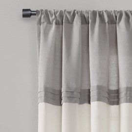 Lush Decor Farmhouse Faux Linen Colorblock Pleated Window Curtain Panel (Single Panel), 84" L x 40" W, Gray