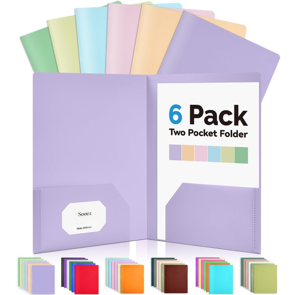 Sooez Sooez 6Pack Folders with Pockets, Pastel Colors, Heavy Duty