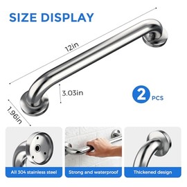 2 Pack Shower Grab Bar, Stainless Steel Bathroom Grab Bar, Shower Handle Bath Handle, Safety Bars for Shower Chair Bench, Grab Bars Senior, Elderly, Handicap(12 Inch)