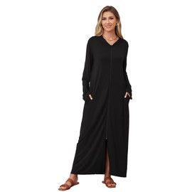 Kasual Women's Hooded Zipper Bathrobe Long Housecoat Sweatshirt Soft Robe Long Sleeve Loungewear Nightgown with Pockets