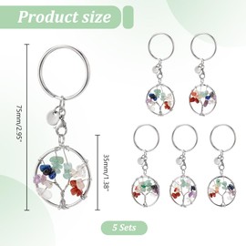 PH PandaHall Pack of 5 Tree of Life Key Fob Natural Crystal Stone Key Ring Gemstone Key Chain Charm Pendant with Large Key Rings, silver