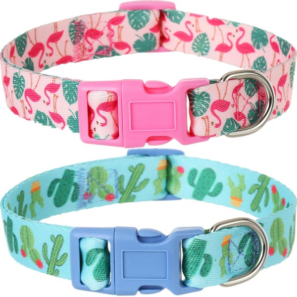Spring Summer Dog Collar 2 Pack, Flamingos Cactus Print Hawaiian