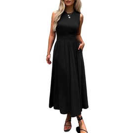 Evzeiem Women's Sleeveless Summer Maxi Dress Crewneck Casual Swing Pleated Long Dresses with Pockets,Black S