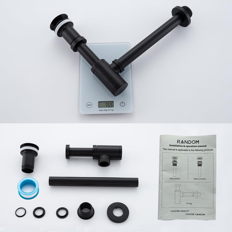 RANDOM Black Brass Bottle P Trap Kit Contemporary Round Bottle