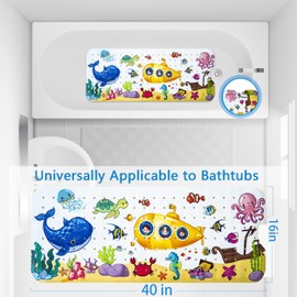Kids Bath Mat with Ocean Theme Design, 40x16 inches, Non-Slip with 200 Suction Cups, Cartoon Sea Animals Pattern (Whale + Submarine, 40 * 16in)