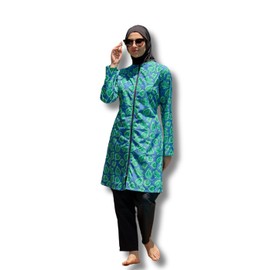 Modest Swimwear for Women 3-Piece Set - Parachute Burkini Set - Islamic Full Cover Swimsuit (US, Alpha, XX-Large, Regular, Regular, Standard, Leaf Print)