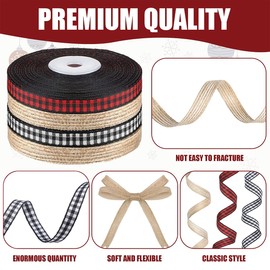 4 Rolls Christmas Ribbons, Black Red Buffalo Plaid Fabric Ribbon, Black White Checked Gingham Ribbon, Natural Burlap Ribbons, Assorted Rustic Wrapping Ribbon for Wreaths DIY Crafts Bow-Knot Making Wedding Party Decor