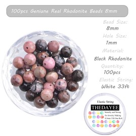 Natural Stone Beads 100pcs 8mm Black Pink Rhodonite Beads Polished Smooth Round Genuine Real Semi Precious DIY Charm Crystal Beading Loose Gemstone Beads for Jewelry Making with Elastic String