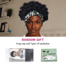 Allyreetress Short Afro Curly Wigs with Headbands Attached for Black Women Synthitic Afro Puff Drawstring Kinky Curly Wig Headwrap Hairstyles For Black Women