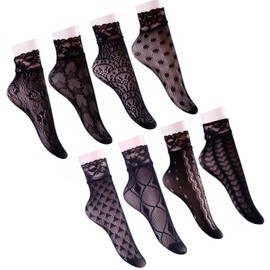 Andibeiqi Women's Fishnet Net Socks, 8 Pairs, Fishnet Socks, 1 Pair Crystal Lace Socks, Transparent Lace Stockings, Lace Socks, Gothic Summer - Black-03