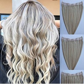 Hair Faux You One Piece 100% Human Hair Extensions, Hairband with an adjustable invisible wire Fishing String, Color #18/613 Dark Blonde with Platinum Blonde (20" 100 grams)