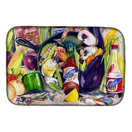 Caroline's Treasures 8641DDM Crystal Hot Sauce with Camellia Beans and Black Skillet Dish Drying Mat Absorbent Dish Drying Mat Pad for Kitchen Counter Dish Drainer Mat for Countertop, 14 x 21", Multic