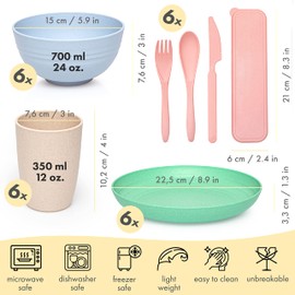 FOODLE Wheat Straw Dinnerware Set - BPA Free & Safety Certified - Lightweight & Unbreakable - Microwave & Dishwasher Safe - Camping, Dorm & RV Dishes - Reusable Kids Plates and Bowls Sets - For 6