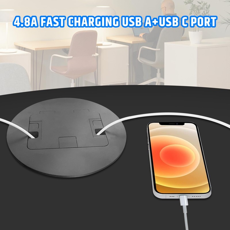 Recessed Floor Outlet Box, Deep Receptacle with 4.8A USB-A and