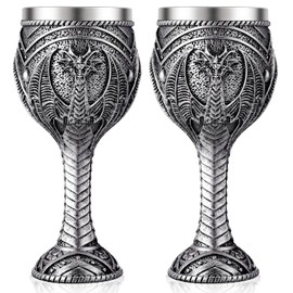 Jinei 2 Pcs Medieval Cups and Goblets Dragon Wine Goblet Chalice Goblet 7 oz Resin Dragon Cup Gothic Wine Glass Romantic Stainless Steel Drinking Cup for Medieval Party (Silver,Vintage Style)