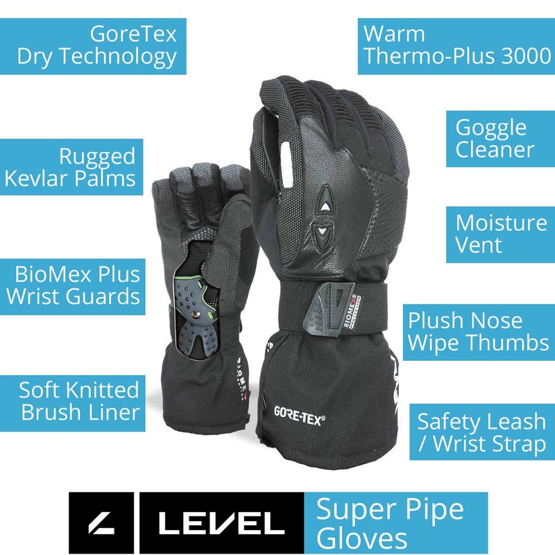 Level Men's Super Pipe Gloves, Gore-Tex Black, 9