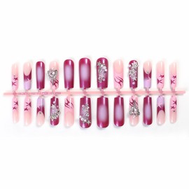 MISUD Press On Nails - Long Square & Squoval Glossy Glue On Nails - Pink, Purple Ombre Acrylic - Star Rhinestone & French Tip Design - 24 pcs