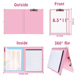 HAUTOCO Clipboard Folio with Refillable Notepad for Letter Size (11" x 8.5"), 5 Dividers with 10 Pockets, Elastic Pen Holder and File Folder Labels, Spiral Nurse Clipboard Artboard(Pink), HT154CB