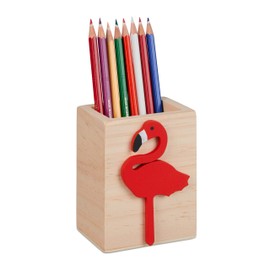 Relaxdays Flamingo Wooden Pen Holder (H x W x D): 10 x 8 x 6 cm, Children's Pen Box for Desk, Brush Holder, Natural/Red