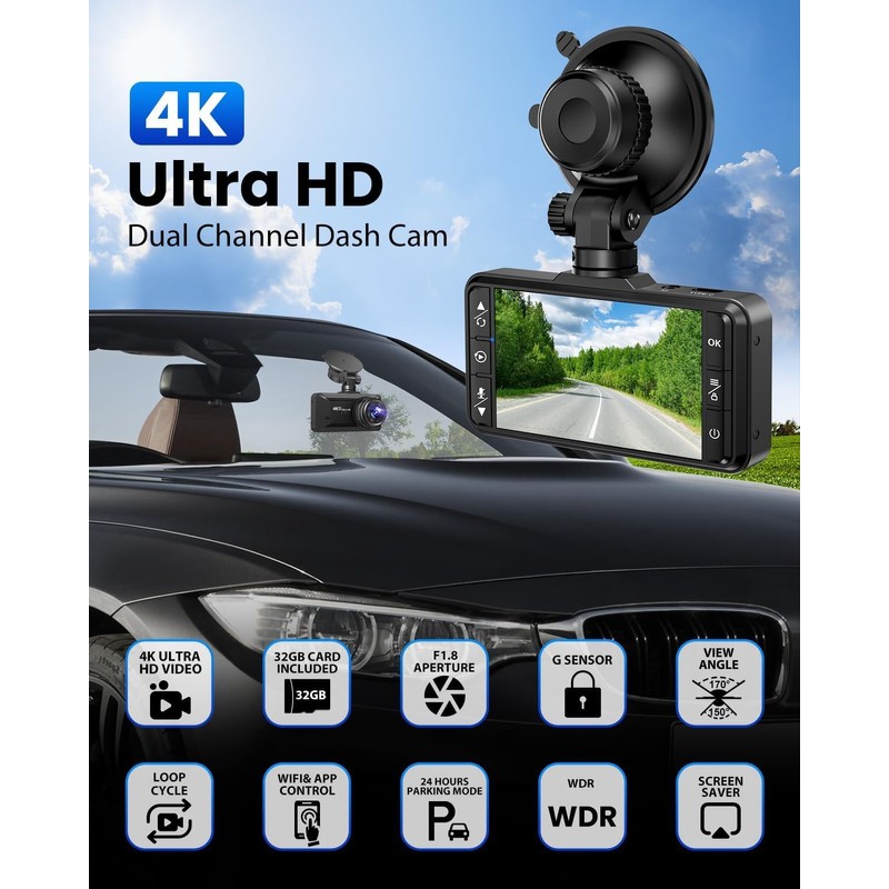 Dash Cam Front Rear 4K/1080P, Dash Camera for Cars Build