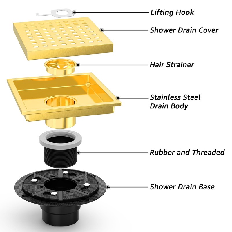 Iriber 6 Inch Square Shower Floor Drain with PVC Shower