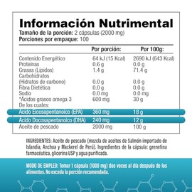 Omega-3 De Aceite De Salmón Islandés | 2000mg Por Porción (2 Caps), 360mg EPA, 240mg DHA | 100% Natural | 200 Cápsulas blandas | S&V - Sin Excipientes