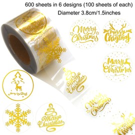 Masper 3.8cm/600 Sheets Merry Christmas Stickers in 6 Clear Gold Designs for Crafts Presents Kids Card Making Envelopes