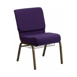 HERCULES SERIES 21'' EXTRA WIDE ROYAL PURPLE FABRIC CHURCH CHAIR WITH 4'' THICK SEAT,COMMUNION CUP BOOK RACK - GOLD VEIN FRAME