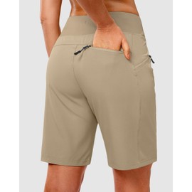 SANTINY Women's 9" Hiking Shorts with 3 Zipper Pockets Lightweight Quick Dry Long Shorts for Women Athletic Travel (Light Khaki_L)