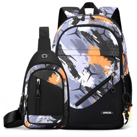 Amythe School Backpack Boys Teenagers 2-Piece with Sling Bag Men's Casual Daypack School Bag Set for 9-18 Years Large Capacity Waterproof Camouflage Backpack School Girls Orange, 8488# Orange,