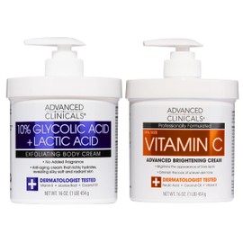 Advanced Clinicals Brightening Vitamin C Body Cream + AHA Exfoliating 10% Glycolic Acid & Lactic Acid Lotion 2PC Skincare Set For Women & Men To Reduce Appearance Of Dark Spots & Uneven Skin Tone