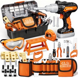 KidBloom Kids Tool Set, 50 Pcs Toddler Tool Set with Bidirectional Rotation Toy Drill, Kids Portable Tool Box with Tool Belt, Pretend Play Construction Toys, Toys for 3 4 5 6 7 Year Old Boys