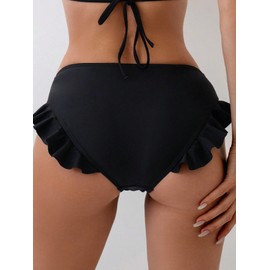 WDIRARA Women's Ruffle Bikini Bottoms High Waist Full Coverage Swim Briefs Bathing Suit Beachwear, Black, Medium