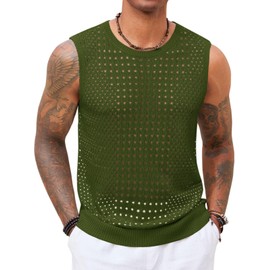 Runcati Mens Knit Sleeveless Tank Tops Casual Hollow Out T Shirts Beach Summer See Through Tops Army Green