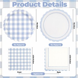48PCS Light Blue Gingham Paper Plates and Napkins Sets - Blue Scalloped Party Supplies Tableware, Disposable Dinner Plates Napkins Kit for Birthday Baby Shower Wedding Party Decorations