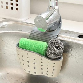 Kitchen Sink Caddy - Silicone Plastic Soap Sponge Holder - BPA-free Rack - Faucet Caddy with Drain Holes for Drying - Adjustable Hanging Strap (White)