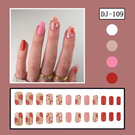 Valentines Press on Nails Medium Square Fake Nails With Love Heart Designs Romantic False Nails Glossy Full Cover Stick on Nails Acrylic Artificial Nails for Women 24 Pcs