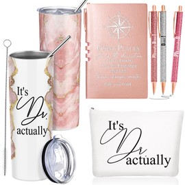 Domensi 6 Pcs It's Dr Actually Med School Gifts for Phd Doctorate Degree Physician White Coat Ceremony Gifts for Women Men 20oz Marble Tumbler Makeup Bag Journal Ballpoint Pen, Pink