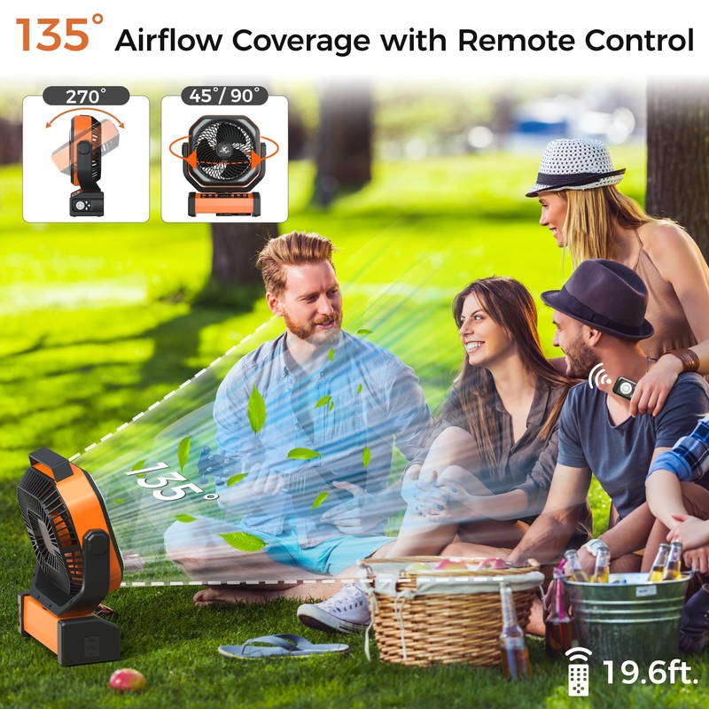 Camping Fan with Light - 20000mAh Rechargeable Battery Fan, 112Hrs