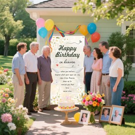 Happy Birthday in Heaven Door Banner Remembrance Memorial Decorations Funeral Memorial Door Banner Happy Heavenly Birthday Remembrance Sign for Cemetery 70.8 * 35.4 inch White