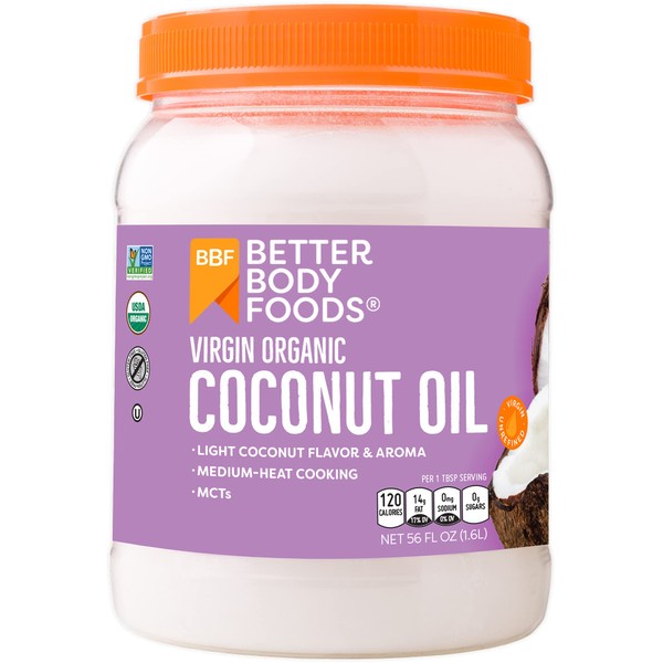 BetterBody Foods Organic Virgin Coconut Oil — Cold-Pressed and Unrefined Coconut Oil, Medium Temperature Cooking Oil, Great Alternative To Butter, Light Coconut Flavor and Aroma, 56 Ounce