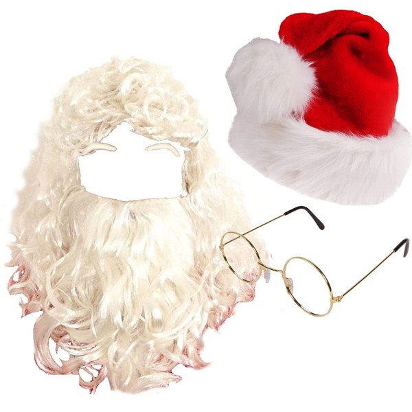 Adult Deluxe Santa Claus Father Christmas Wig with Beard & Eye Brows + Santa Hat + Glasses - Xmas Novelty Christmas Halloween Fancy Dress Costume Holiday Party Props