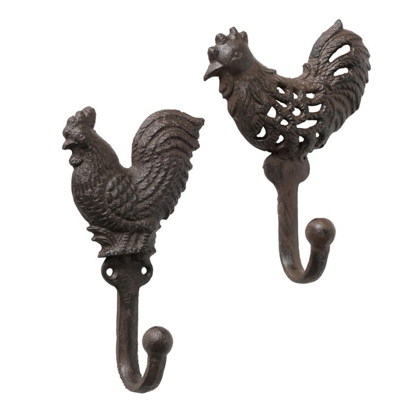 WHW Whole House Worlds Old Forge Rooster and Hen Head Wall Hooks, Set of 2, Artisan Crafted, Cast Iron, Rustic Brown, Ball Tips, 6.75 Inches